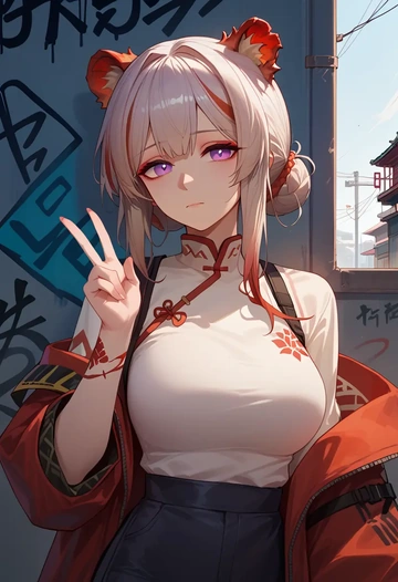 arknights,nian_(arknights),neon graffiti top,dolphin shorts  - AI generated anime art