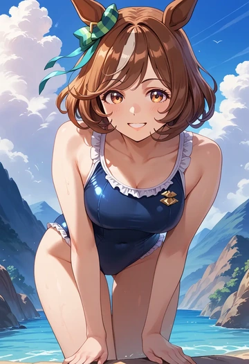 umamusume,nice_nature_(umamusume),retro style swimsuit,frilled neckline,bow detail  - AI generated anime art