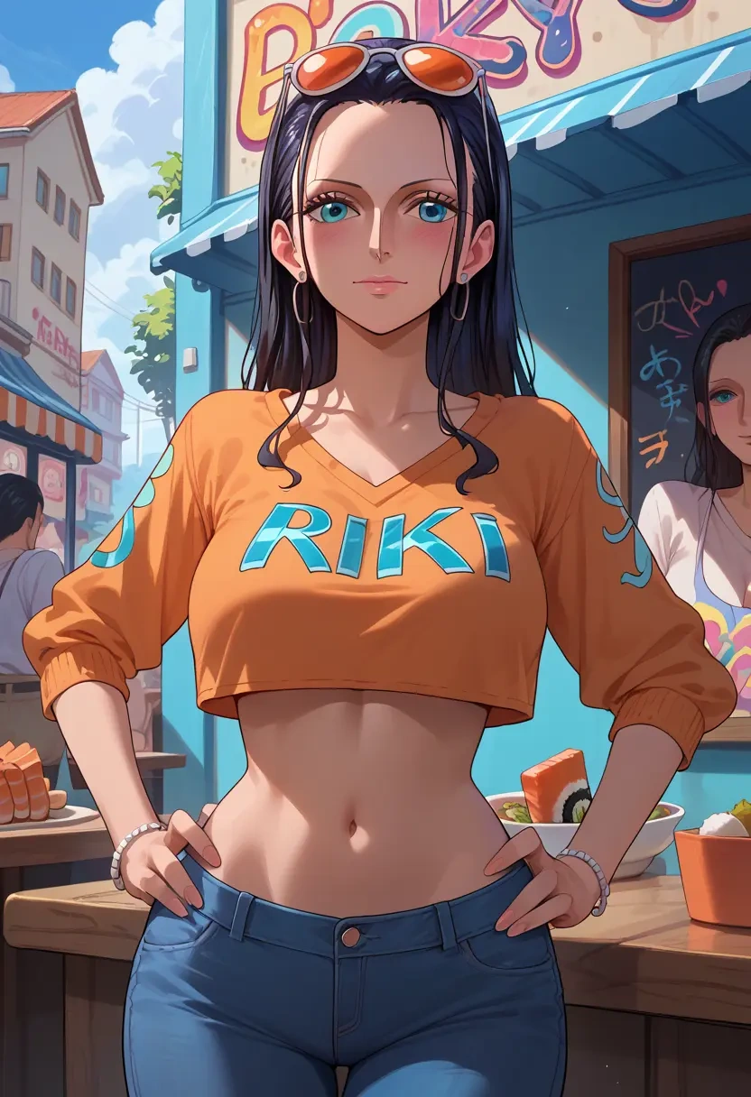 one_piece,nico_robin,cropped graffiti sweatshirt,dolphin shorts  - 