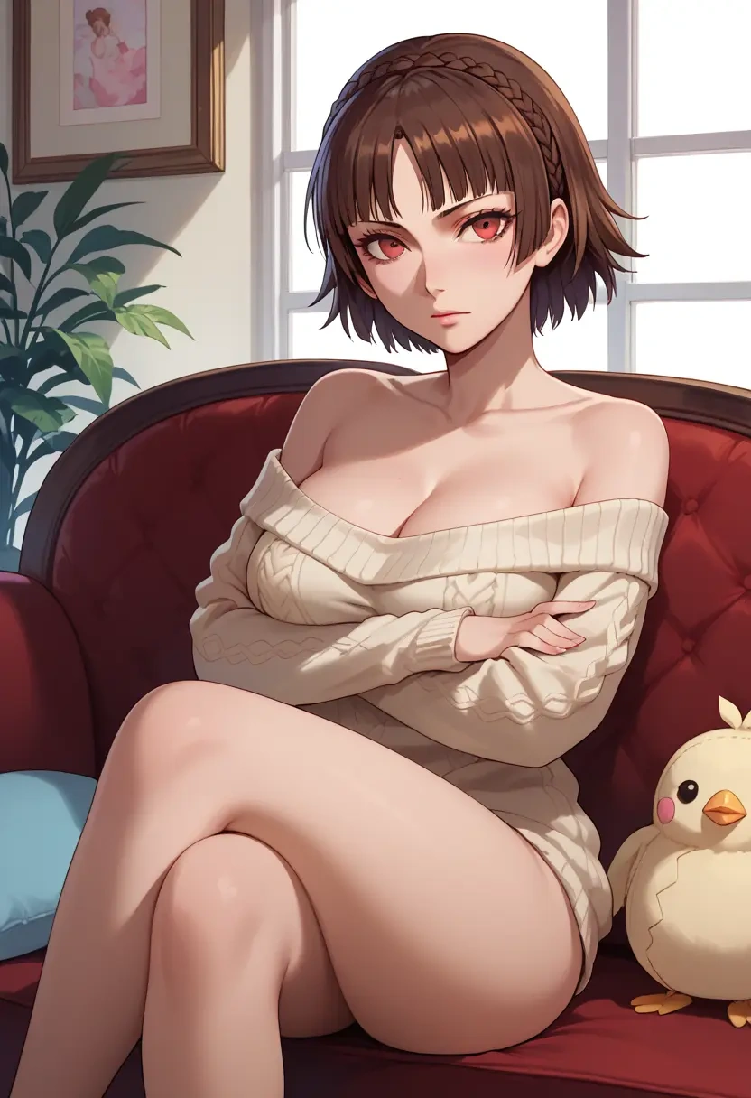 persona,niijima_makoto,arms crossed,off-shoulder,sweater,cross-legged  - 