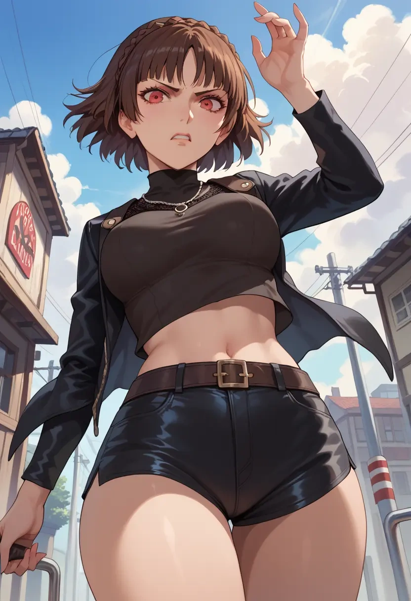 persona,niijima_makoto,leather,shorts,crop top  - 