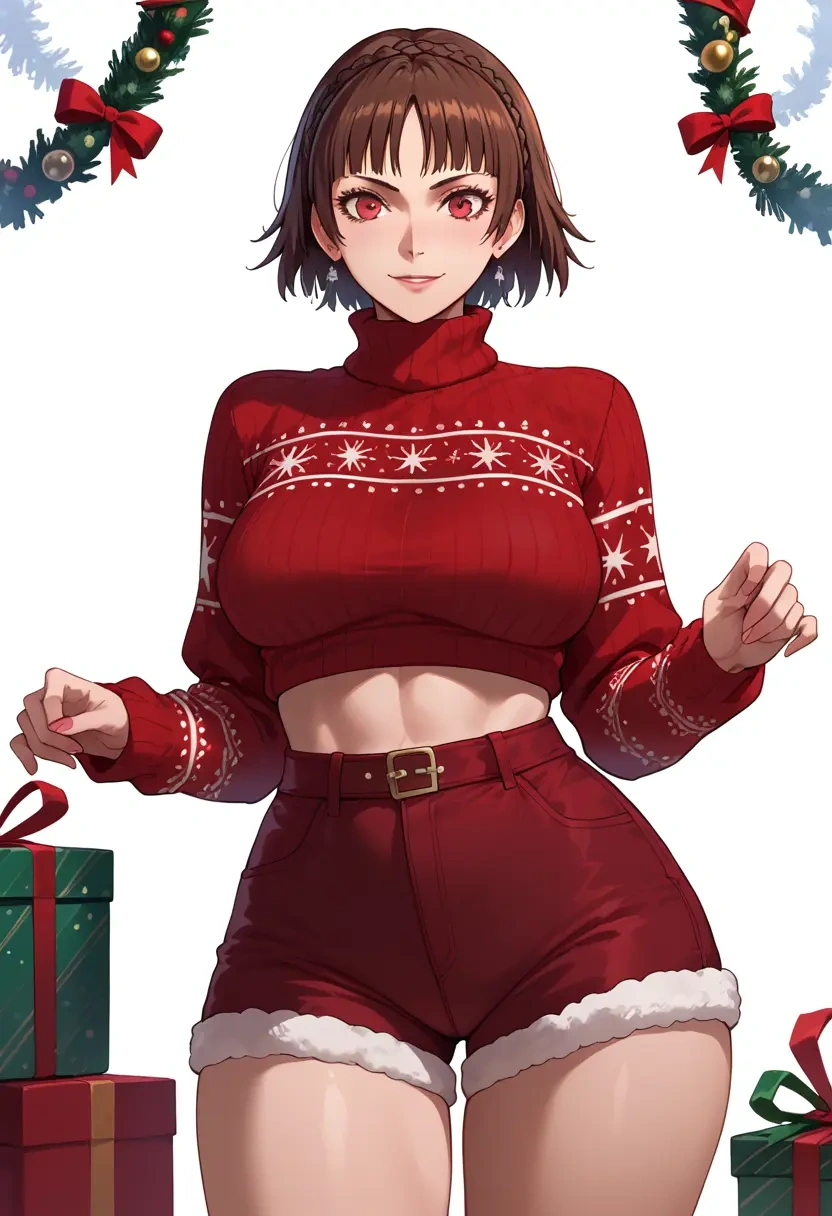 persona,niijima_makoto,Christmas,red velvet shorts,turtleneck sweater  - 