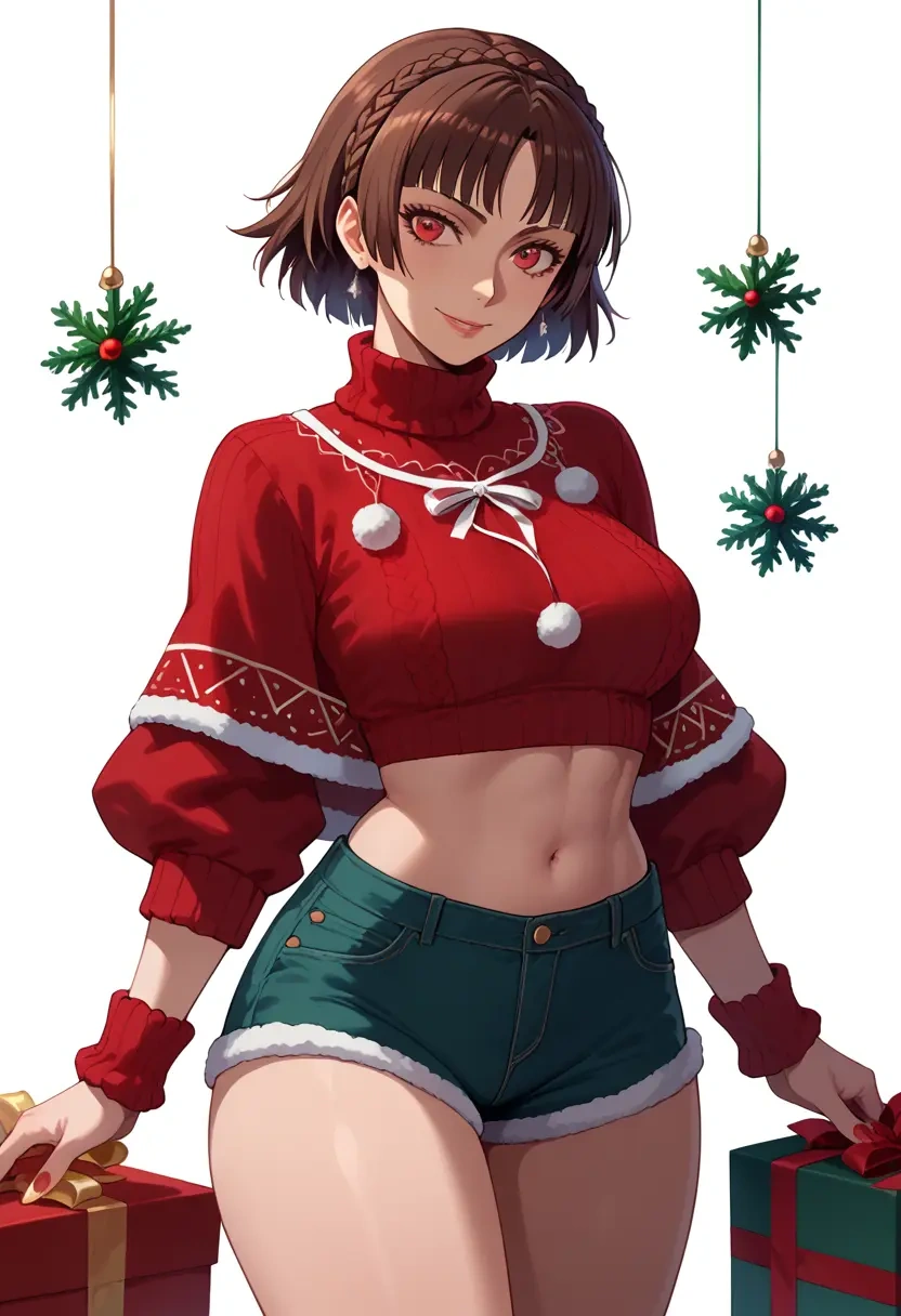 persona,niijima_makoto,Christmas,red velvet shorts,turtleneck sweater  - 