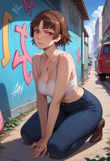 persona,niijima_makoto,neon graffiti top,dolphin shorts  - AI generated anime art