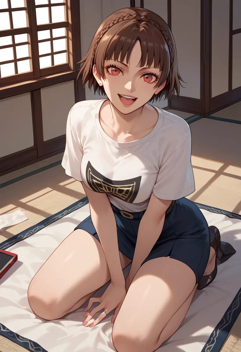 persona,niijima_makoto,calligraphy print shirt,dolphin shorts  - 