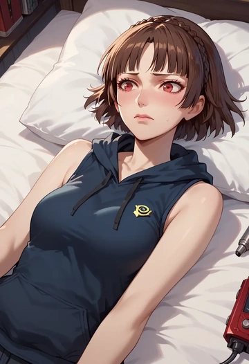 persona,niijima_makoto,sleeveless hoodie,biker shorts  - AI generated anime art