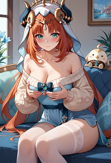 genshin_impact,nilou_(genshin_impact),blushing,off-shoulder,sweater,stockings  - AI generated anime art