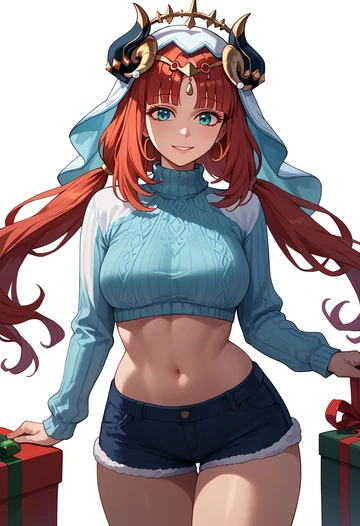 genshin impact,nilou,Christmas,red velvet shorts,turtleneck sweater  - AI generated anime art