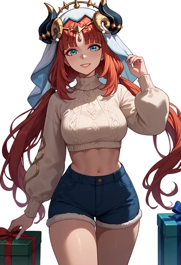 genshin impact,nilou,Christmas,red velvet shorts,turtleneck sweater  - AI generated anime art