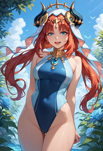 genshin impact,nilou,racerback swimsuit,striped trim,name tag patch  - AI generated anime art