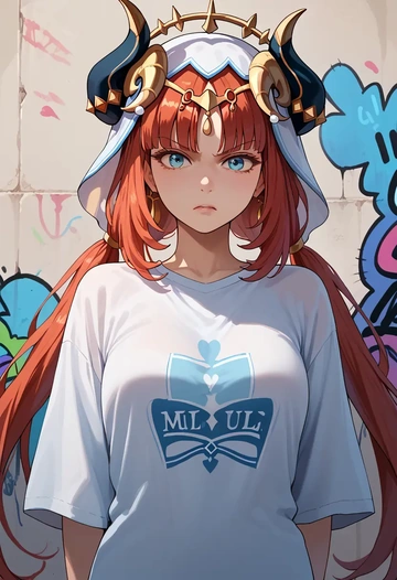 genshin impact,nilou,oversized graffiti shirt,dolphin shorts  - AI generated anime art