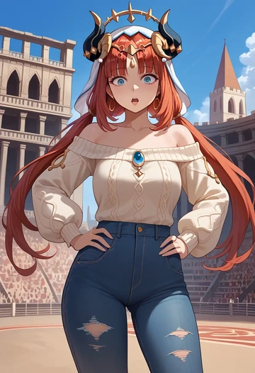 genshin impact,nilou,sweater,off-shoulder,ripped jeans  - AI generated anime art