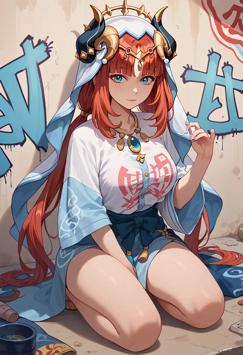 genshin impact,nilou,oversized graffiti shirt,dolphin shorts  - 