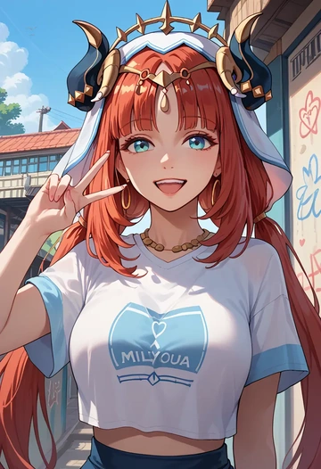 genshin impact,nilou,crop graffiti tee,dolphin shorts  - AI generated anime art