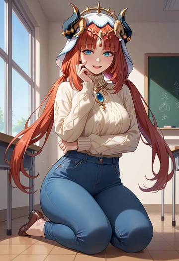 genshin impact,nilou,teacher, sweater, jeans shorts  - AI generated anime art