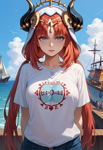 genshin impact,nilou,oversized graffiti shirt,dolphin shorts  - AI generated anime art