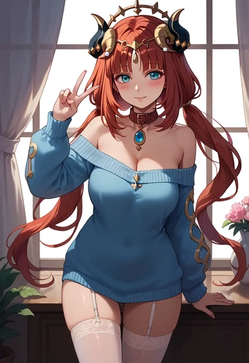 genshin impact,nilou,blushing,collar,off-shoulder,sweater,stockings  - AI generated anime art