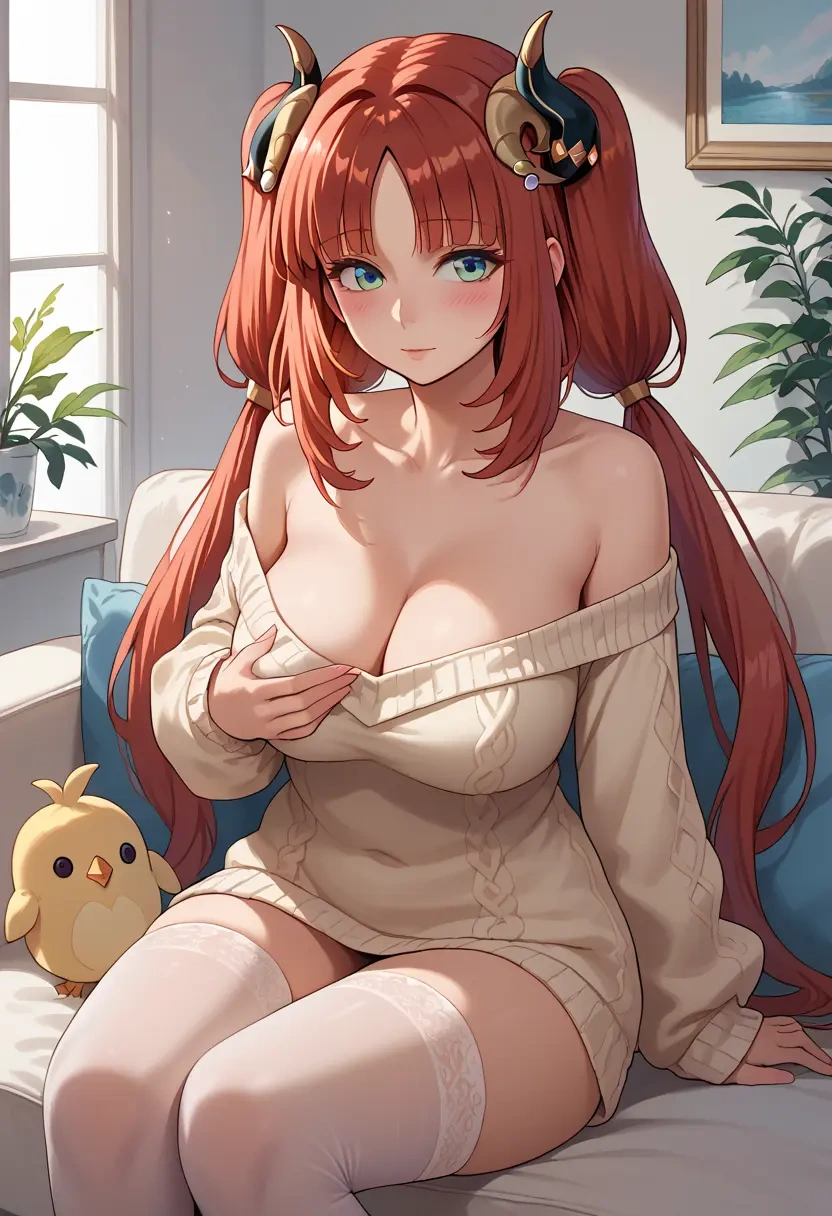 genshin impact,nilou,blushing,off-shoulder,sweater,stockings  - 