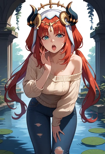 genshin impact,nilou,sweater,off-shoulder,ripped jeans  - AI generated anime art