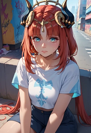 genshin impact,nilou,crop graffiti tee,dolphin shorts  - AI generated anime art