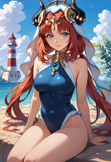 genshin impact,nilou,retro style swimsuit,frilled neckline,bow detail  - AI generated anime art