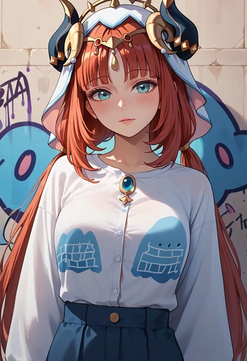 genshin impact,nilou,oversized graffiti shirt,dolphin shorts  - AI generated anime art