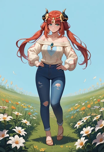 genshin impact,nilou,sweater,off-shoulder,ripped jeans  - AI generated anime art