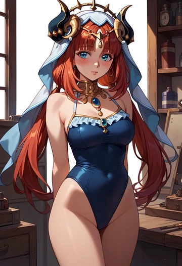 genshin impact,nilou,retro style swimsuit,frilled neckline,bow detail  - AI generated anime art