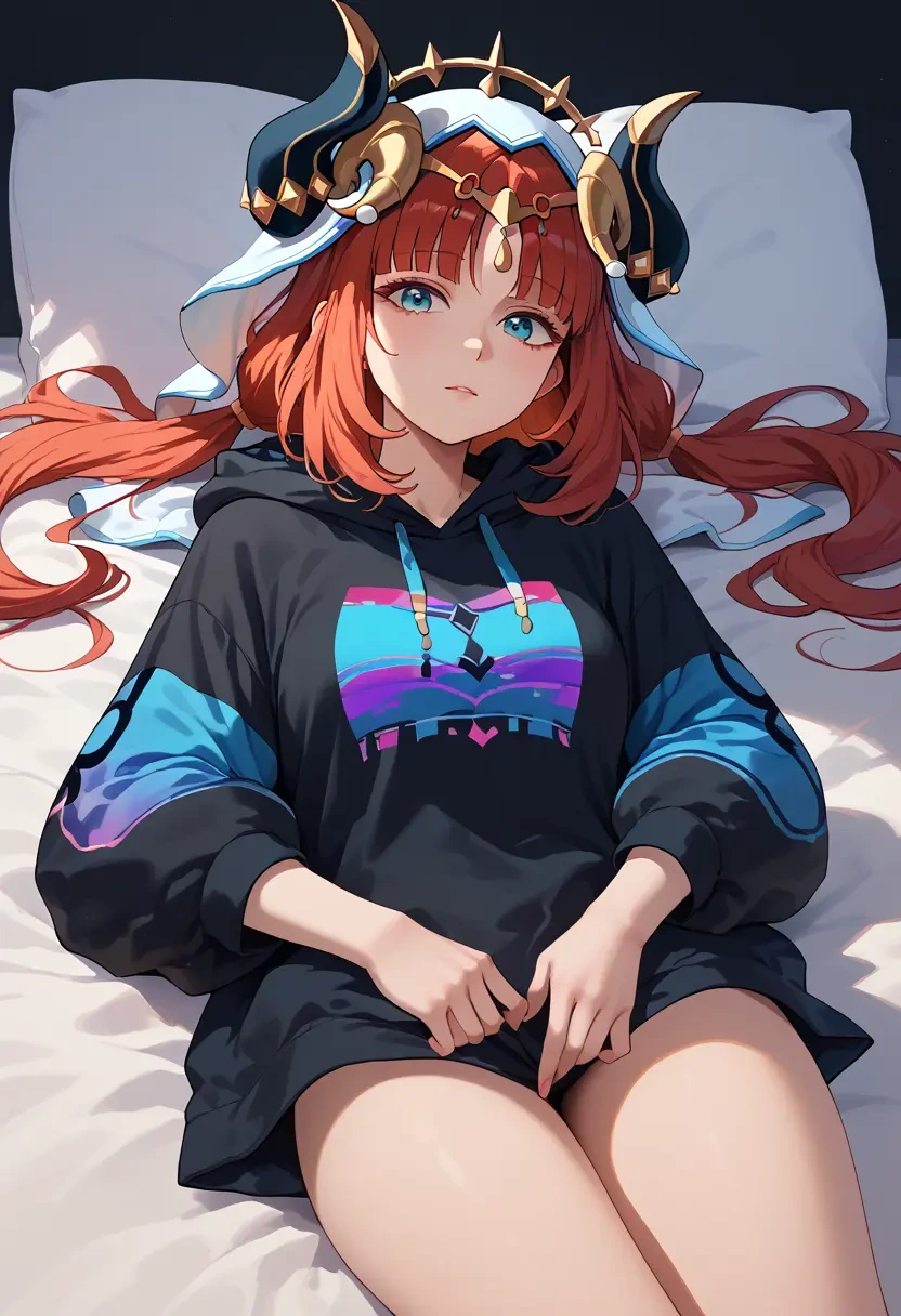 genshin impact,nilou,oversized graphic hoodie,thigh-high socks,shorts  - 