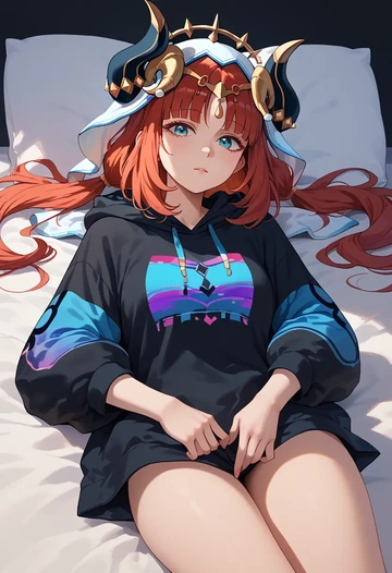 genshin impact,nilou,oversized graphic hoodie,thigh-high socks,shorts  - AI generated anime art