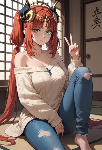 genshin impact,nilou,sweater,off-shoulder,ripped jeans  - AI generated anime art