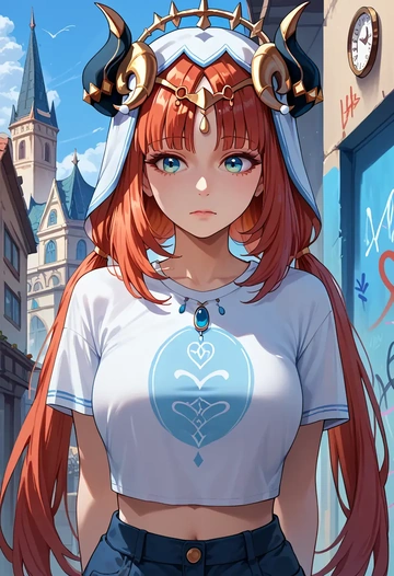 genshin impact,nilou,crop graffiti tee,dolphin shorts  - AI generated anime art