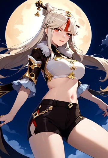 genshin impact,ningguang_(genshin_impact),leather,shorts,crop top  - AI generated anime art