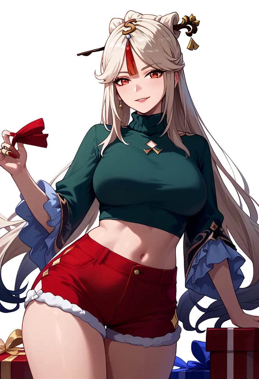 genshin impact,ningguang_(genshin_impact),Christmas,red velvet shorts,turtleneck sweater  - 