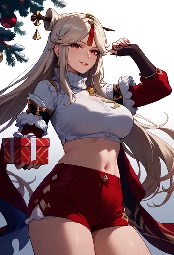 genshin impact,ningguang_(genshin_impact),Christmas,red velvet shorts,turtleneck sweater  - AI generated anime art