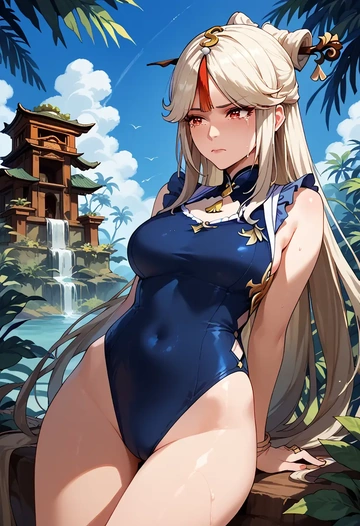 genshin impact,ningguang_(genshin_impact),retro style swimsuit,frilled neckline,bow detail  - AI generated anime art