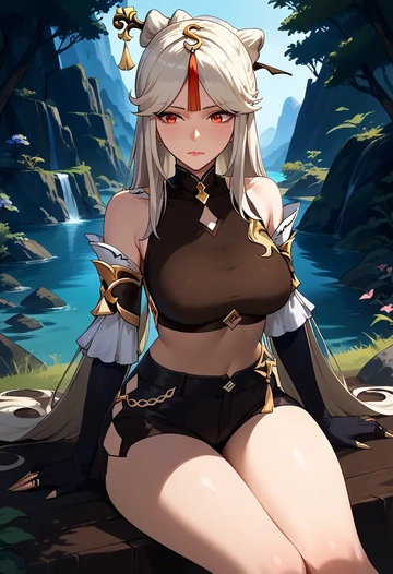 genshin impact,ningguang_(genshin_impact),leather,shorts,crop top  - AI generated anime art