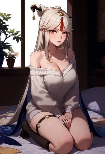 genshin impact,ningguang_(genshin_impact),off-shoulder,sweater  - AI generated anime art