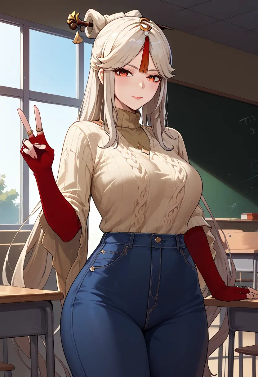 genshin impact,ningguang_(genshin_impact),teacher, sweater, jeans shorts  - 