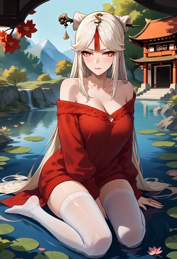 genshin impact,ningguang_(genshin_impact),off-shoulder,sweater  - AI generated anime art