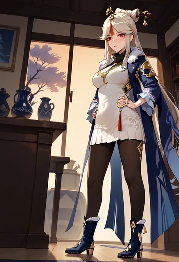 genshin impact,ningguang_(genshin_impact),winter,student uniform,puffer coat  - AI generated anime art