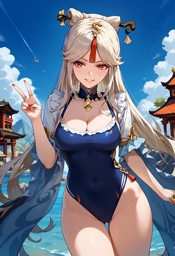 genshin impact,ningguang_(genshin_impact),retro style swimsuit,frilled neckline,bow detail  - AI generated anime art