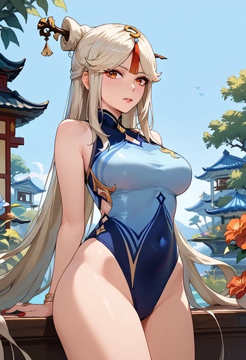 genshin impact,ningguang_(genshin_impact),racerback swimsuit,striped trim,name tag patch  - AI generated anime art