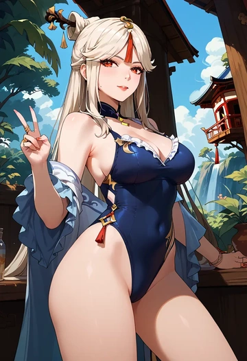 genshin impact,ningguang_(genshin_impact),retro style swimsuit,frilled neckline,bow detail  - AI generated anime art