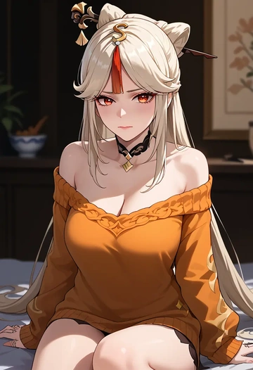 genshin impact,ningguang_(genshin_impact),orange,sweater,choker  - AI generated anime art