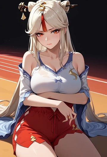 genshin impact,ningguang_(genshin_impact),pajamas, low-waisted shorts  - AI generated anime art