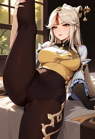 genshin impact,ningguang_(genshin_impact),yoga, leggings,spread legs,one leg up,sexy  - AI generated anime art