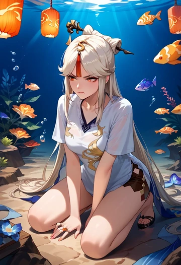 genshin impact,ningguang_(genshin_impact),tie-dye shirt,dolphin shorts  - AI generated anime art