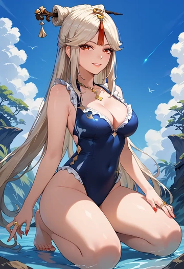 genshin impact,ningguang_(genshin_impact),retro style swimsuit,frilled neckline,bow detail  - AI generated anime art