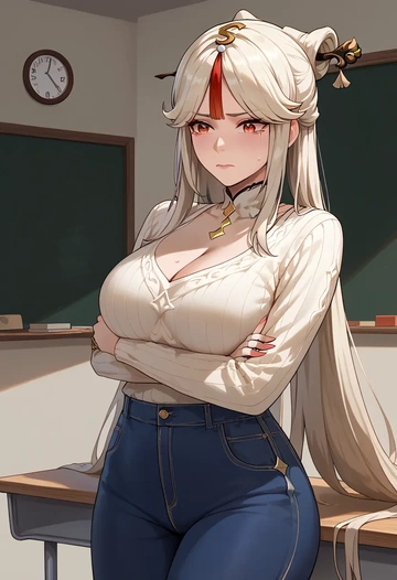 genshin impact,ningguang_(genshin_impact),teacher, sweater, jeans shorts  - AI generated anime art